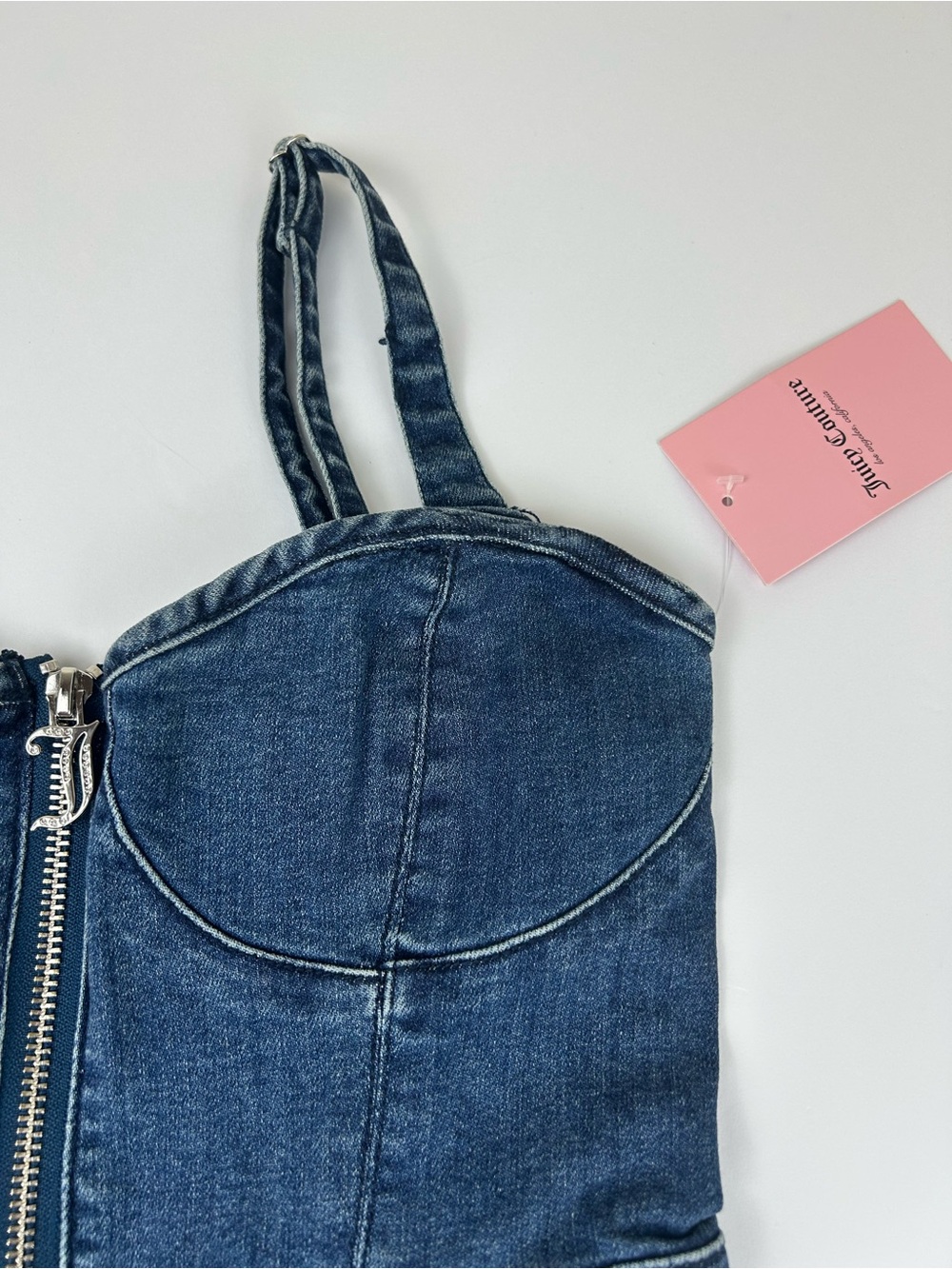 Juicy Couture Denim Dress S Blue Sweetheart Zip Front Bodycon Rhinestone NEW - Picture 6 of 9